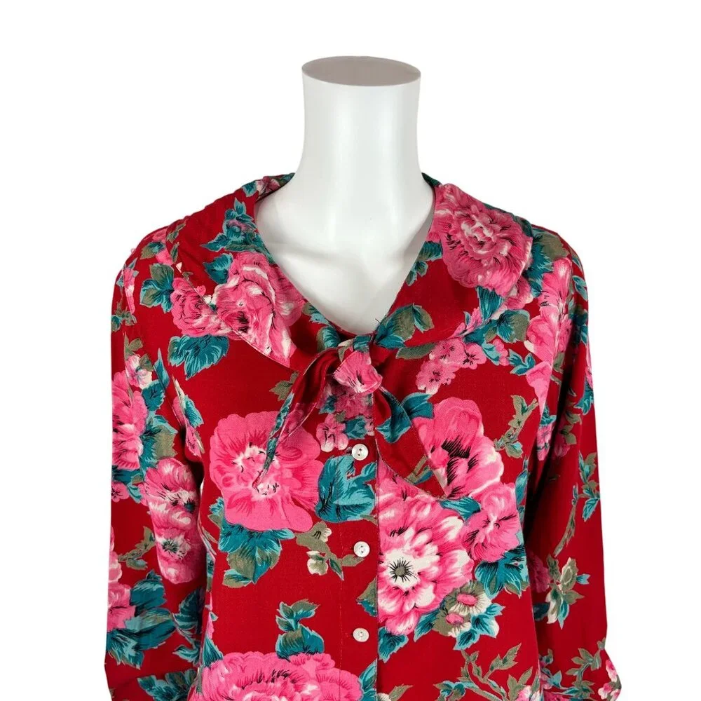 Vintage 90s Floral Blouse Women's Medium Red Pink Print Rayon Necktie Top - Picture 2 of 11